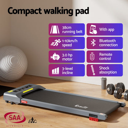 Everfit Treadmill Electric Walking Pad Incline Under Desk Home Gym 380mm Grey