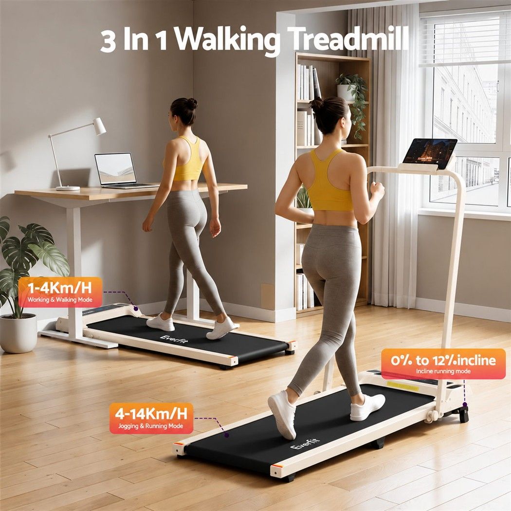 Everfit 3 in 1 Walking Pad Treadmill 12% Incline Foldable Under Desk Treadmills 40cm Belt Beige