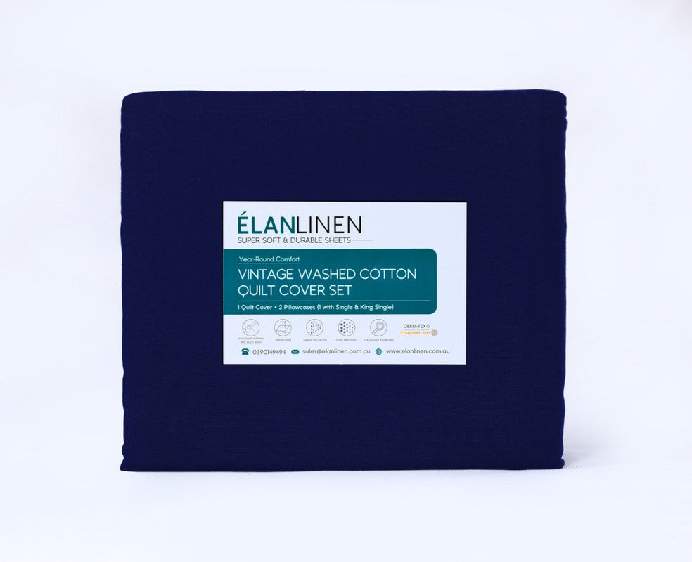 Elan Linen 100% Egyptian Cotton Vintage Washed 500TC Navy Blue Double Bed Sheets Set