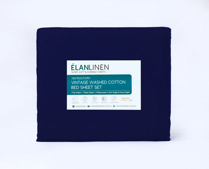 Elan Linen 100% Egyptian Cotton Vintage Washed 500TC Navy Blue Queen Bed Sheets Set