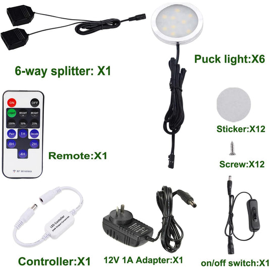 Dimmable & Timing Under Counter Lights Kitchen with Wireless RF Remote,Ultra-Thin 240V LED Cabinet Lights,12W Shelf Lights，6 Lights,Daylight White