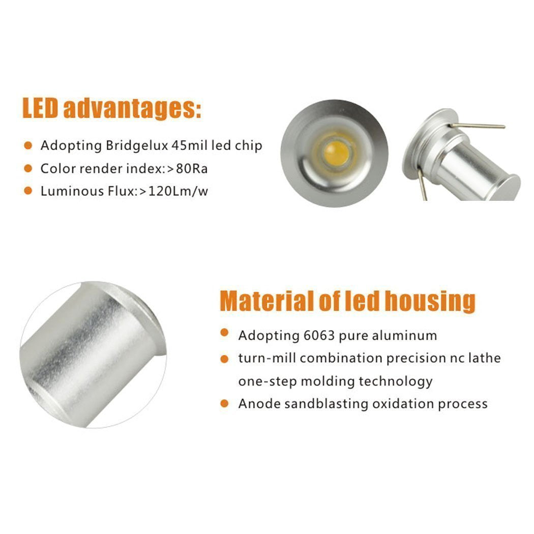 12V Under Cabinet LED Lights 9 Packs of Recessed Mini Downlights for Indoor with Hard Wired Cable and Connectors for Stair Step Furniture Showcase Lighting (Warm White)