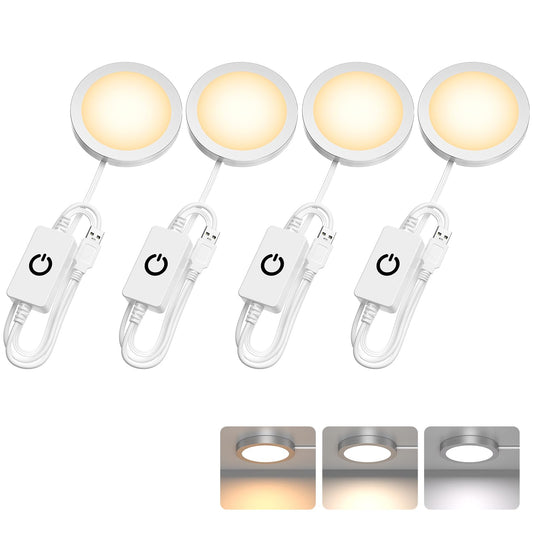 4 Pack Puck Lights 5V Single USB Powered,3 Color Temperature Adjustable & Dimmable Under Cabinet Light,3D Printer LED Lamp Kit for Cabinet,Wardrobe,Showcase