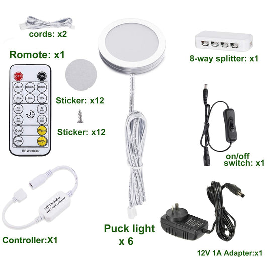 LED Under Cabinet Puck Lights CCT Light Color Temperature Adjustable Warm+White Double Color with Dimmable RF Remote Controller for Kitchen Shelf Ambiance Display Lighting (8 Lights, 24W)