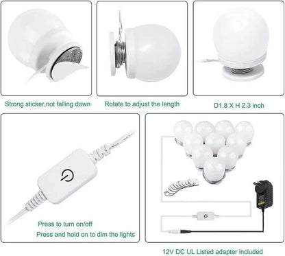 Hollywood LED Vanity Mirror Lights Kit,Stick on Dimmable Makeup Lights, 12V Mirror Lighting Strip Fixture for Vanity Dressing Table Set, Bedroom Wall Lights,CRI>90 (4000K Natural White,10 Bulbs)