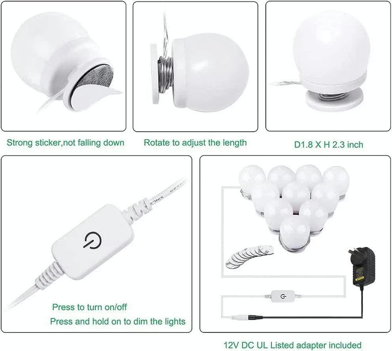 Hollywood LED Vanity Mirror Lights Kit,Stick on Dimmable Makeup Lights, 12V Mirror Lighting Strip Fixture for Vanity Dressing Table Set, Bedroom Wall Lights,CRI>90 (4000K Natural White,10 Bulbs)