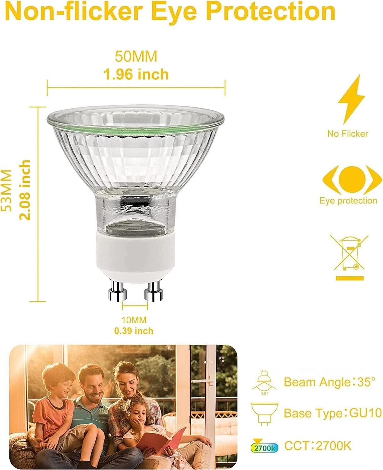 GU10 Halogen Light Bulbs, GU10 Bulbs 50W, 6 Pack Spotlight Bulbs AC 230V 50W, Light Bulbs Halogen Equivalent Energy 2 Pin 35° Beam Angle 2700K Dimmable Warm White