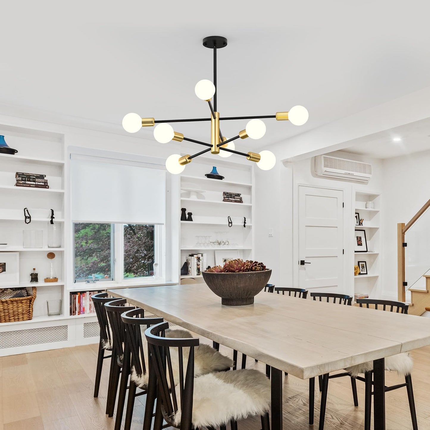 Modern Sputnik Chandelier 8 Lights Height Adjustable Ceiling Light Fixture Mid-Century Modern Gold Chandelier for Dining Room Bedroom Kitchen Living Room with Sloped Ceiling Adapter