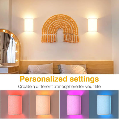 Wall Lights Set of 2, Battery Operated Fabric Sconce with Remote, LED Lamps in RGB+Warm White, Dimmable Timer for Bedroom and Living Room Lighting