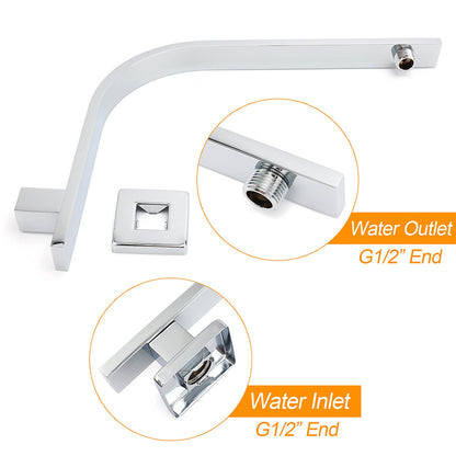 WELS Chrome Square 10" Thin Rainfall Shower Head + Brass Gooseneck Wall Arm Set