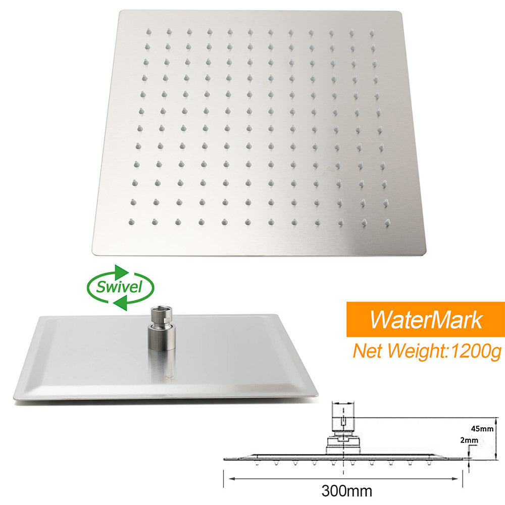 Brushed Nickel Silver Square 12" Rain Shower Head & Brass Gooseneck Wall Arm Set