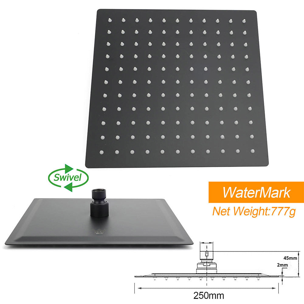 WELS Matt Black Square 10" Shower Head 3 Modes Handheld Gooseneck Arm Twin Taps Set