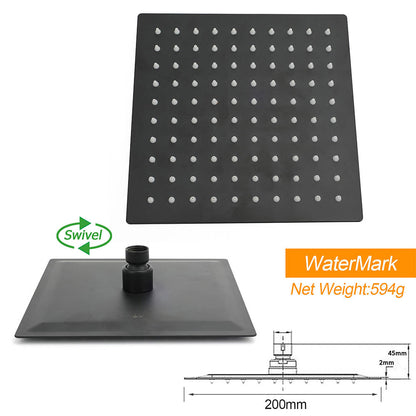 WELS Matt Black 8" Rainfall Shower Head 3 Modes Handheld Wall Rail Arm 2in1 Set