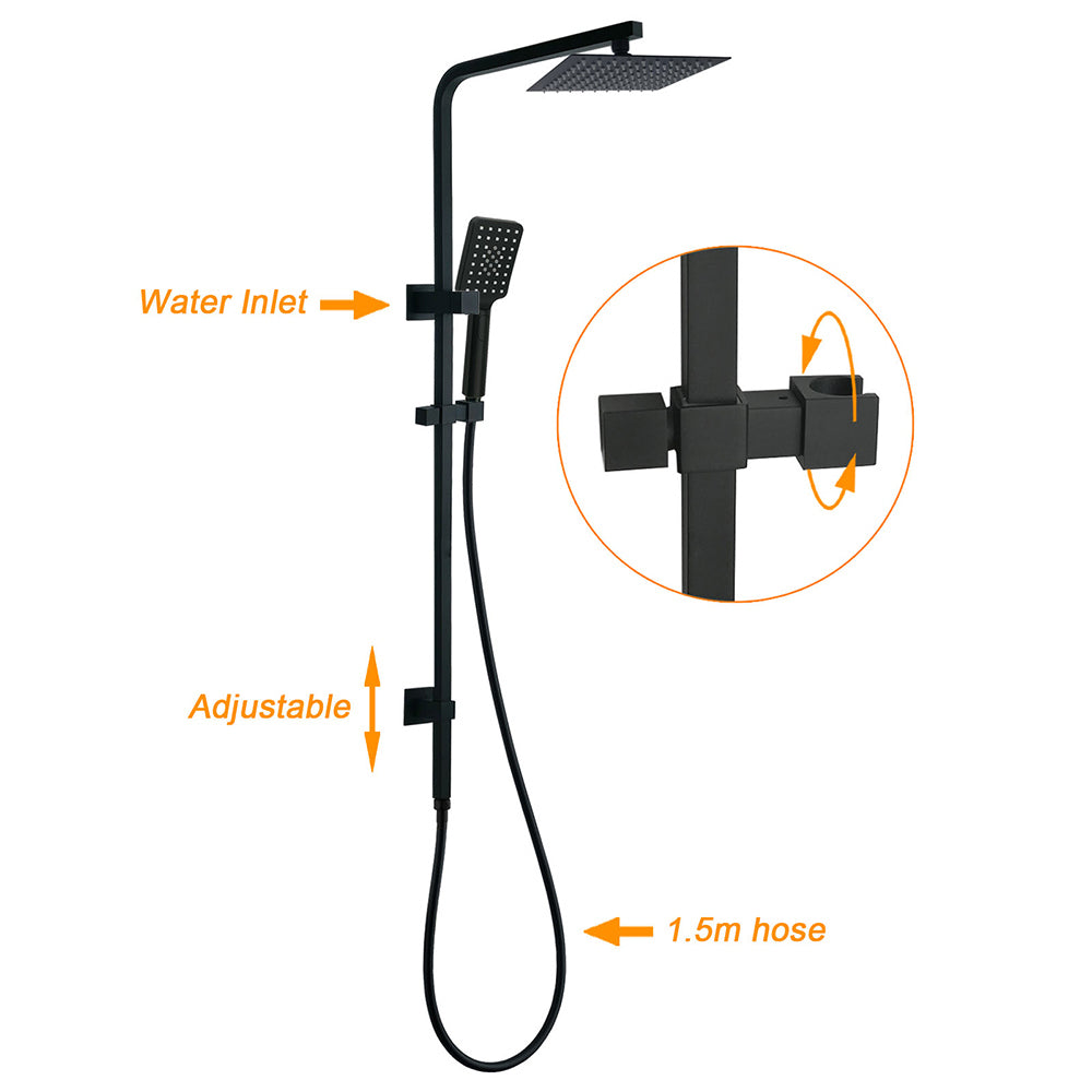 WELS Matt Black 8" Rainfall Shower Head 3 Modes Handheld Wall Rail Arm 2in1 Mixer Set