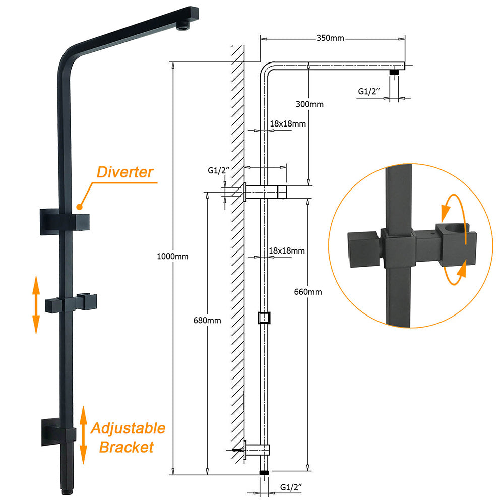 Matt Black Twin Shower Set Square 10" Rain Head 3 Modes Handheld Wall Arm Rail