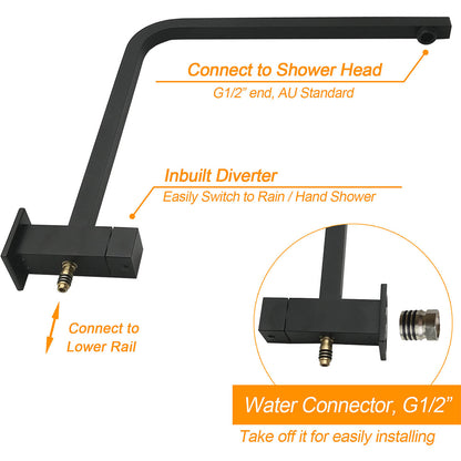 Matt Black Twin Shower Set Square 10" Rain Head 3 Modes Handheld Wall Arm Rail