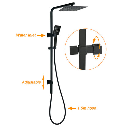Matt Black Twin Shower Set Square 10" Rain Head 3 Modes Handheld Wall Arm Rail + Taps