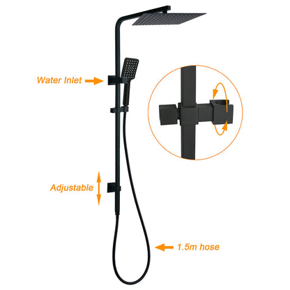 Dual Shower Square Large 12" Rainfall Head 3 Modes Handheld Wall Rail Twin Taps Matt Black