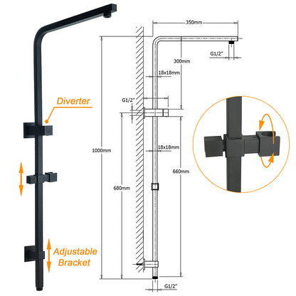 Matt Black Dual Shower Square 10" Rain Head 3 Modes Handheld Silde Rail Arm Set