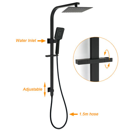 Matt Black Square Twin Shower Set 8" Rain Head 3 Modes Handheld Silde Rail Arm + Mixer