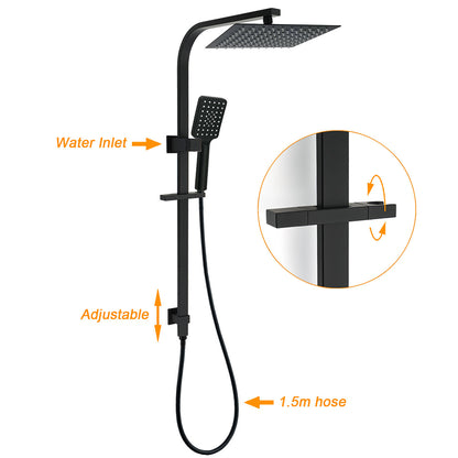 WELS Matt Black 2in1 Shower Set 10" Square Rain Head Handheld Silde Rail Arm Mixer Valve