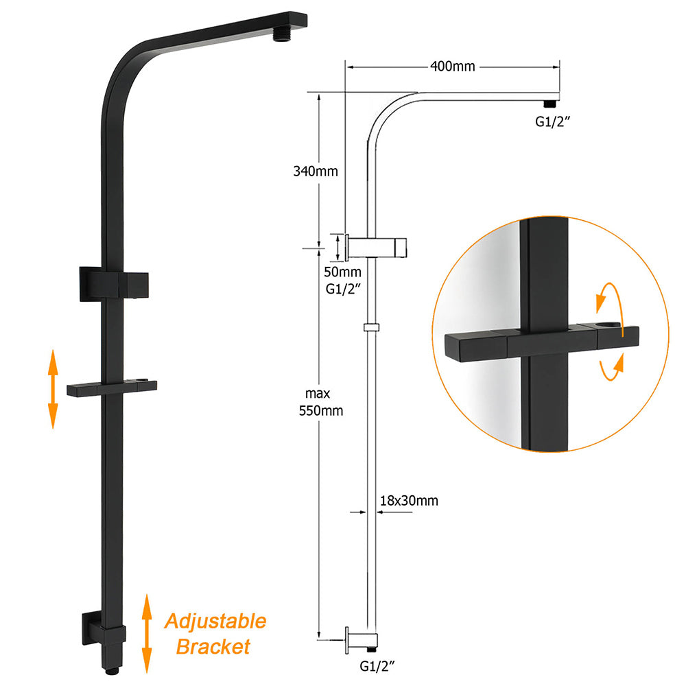 2in1 Shower Set Matt Black 12" Rainfall Head 3 Modes Handheld Silding Rail Combo