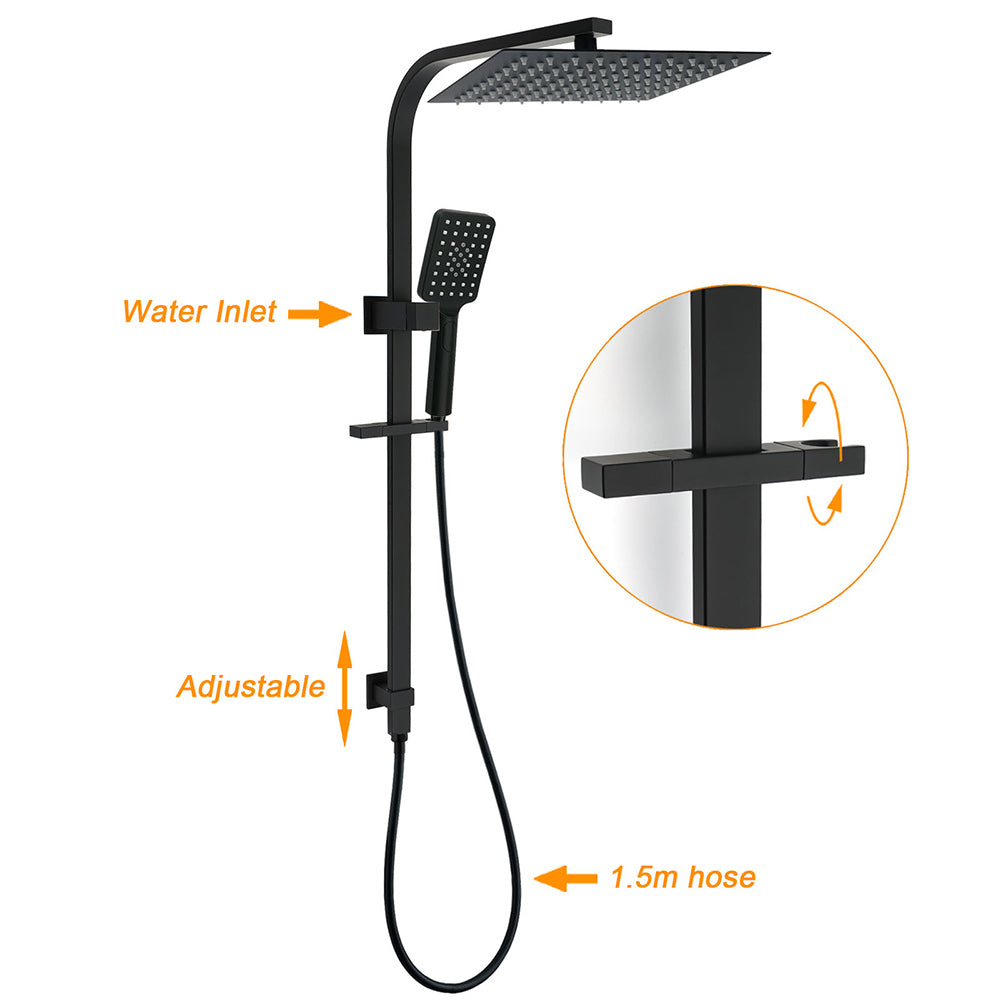Dual Shower Set Matt Black 12" Rainfall Head 3 Modes Handheld Silding Rail Combo Double Taps
