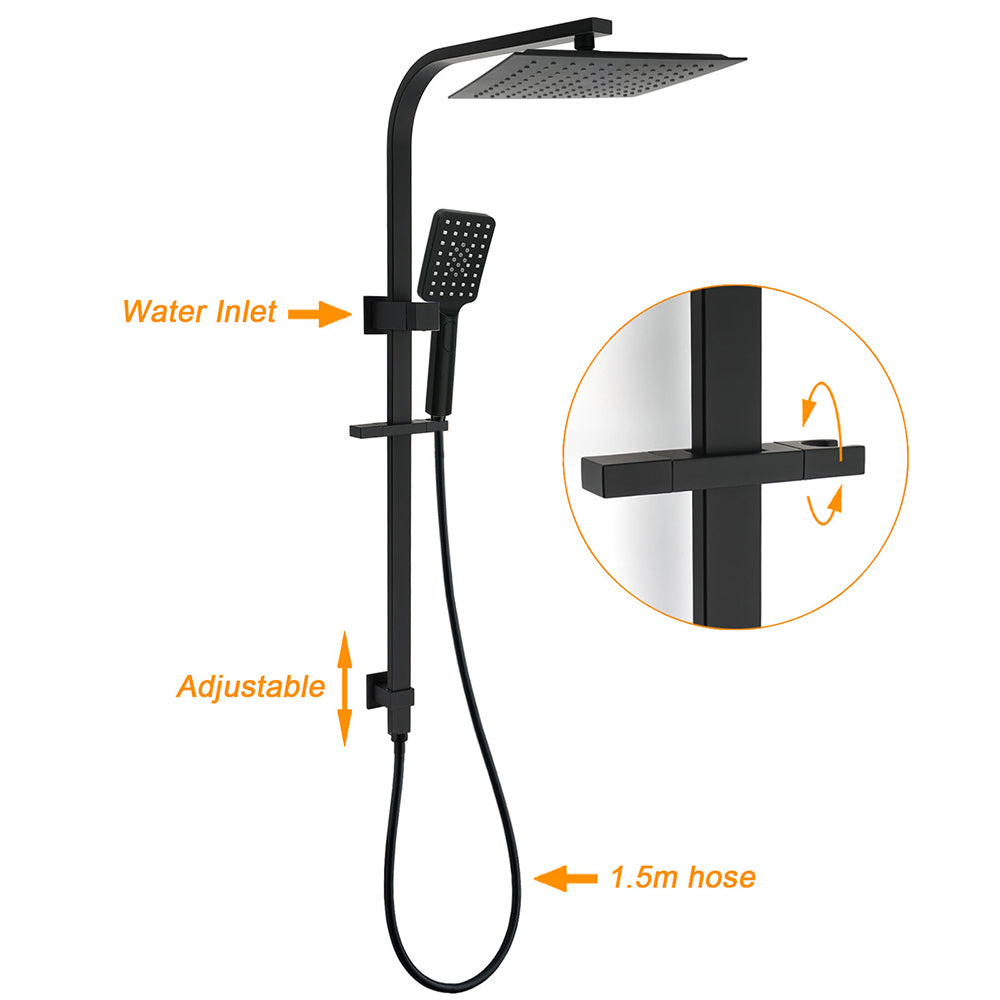 Matt Black Square Twin Shower 10" Rain Head 3 Modes Handheld Silde Rail Arm Taps Set