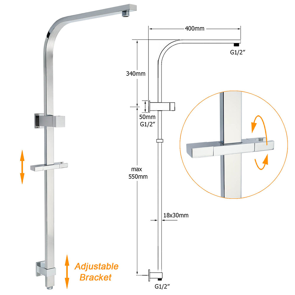 WELS Twin Square Shower Set 8" Rain Shower Head 3 Function Handheld Rail Arm Combo