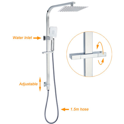Chrome Twin Square Shower Set 8" Rain Shower Head 3 Function Handheld Rail Arm Taps