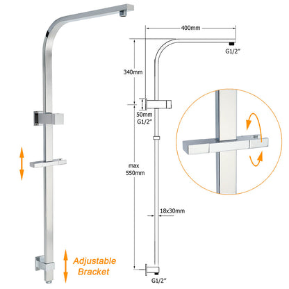 WELS Chrome 8" Twin Square Shower Set Rain Head 3 Modes Handheld Sliding Rail + Mixer