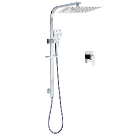 Chrome Dual Square Shower Set 12" Rain Shower Head 3 Function Handheld Rail Arm Mixer