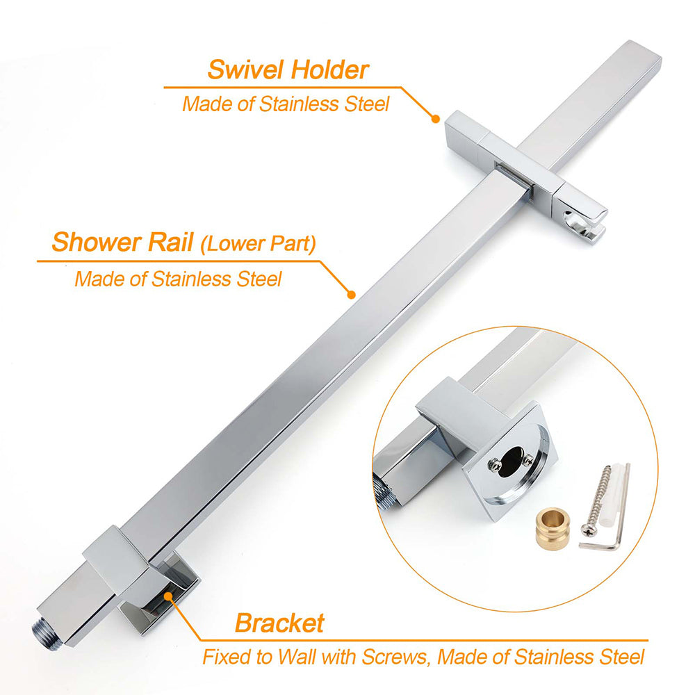 WELS Twin Square Shower Set 16" Rain Shower Head 3 Function Handheld Rail Arm Taps
