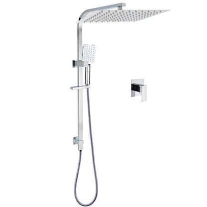 Chrome Dual Square Shower Set 16" Rain Shower Head 3 Function Handheld Rail Arm Mixer