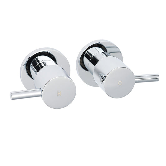 Chrome Brass 1/4 Turn Round Hot Cold Tap Pair Wall Set For Bathroom Shower Vanity Spout