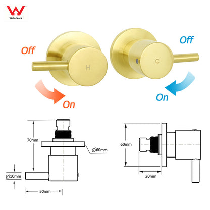 Brushed Gold Brass 1/4 Turn Round Hot Cold Tap Wall Set For Shower Vanity Spout