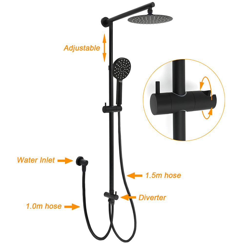 WELS Matt Black Twin Shower 8" Round Head Set 3 Mode Handheld Rose Sliding Rail Elbow Inlet
