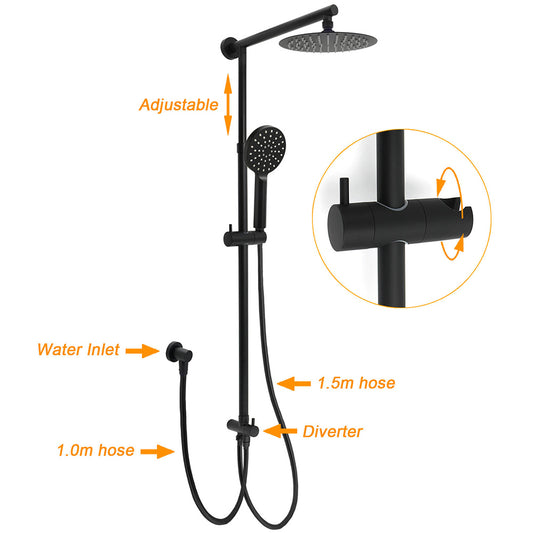 WELS Matt Black Twin Shower 8" Round Head Set 3 Mode Handheld Rose Sliding Rail Elbow Inlet