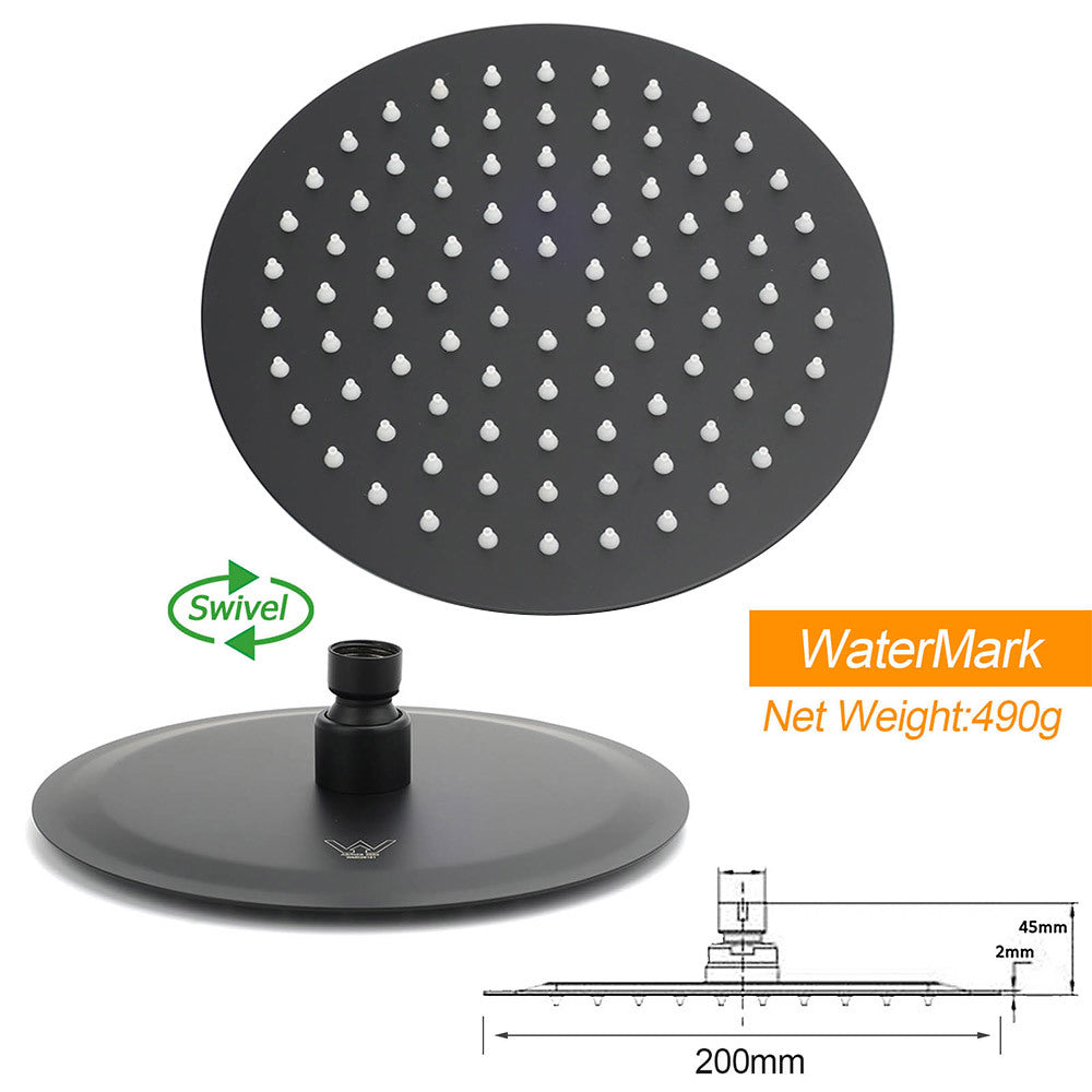 WELS Matt Black Twin Shower 8" Round Rain Head Set Sliding Rail 3 Mode Handheld + Mixer