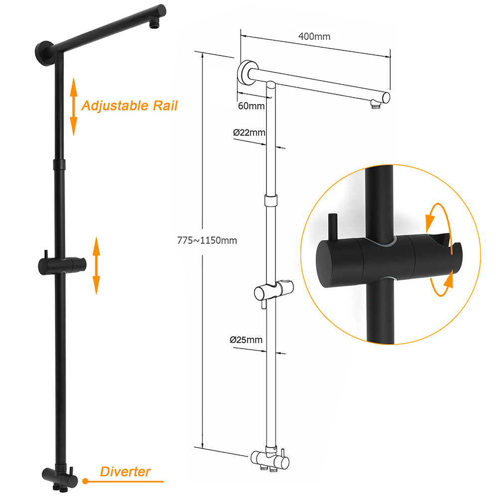 Matte Black Large 12" Round Shower Head Twin Set Handheld Diverter Wall Rail Arm
