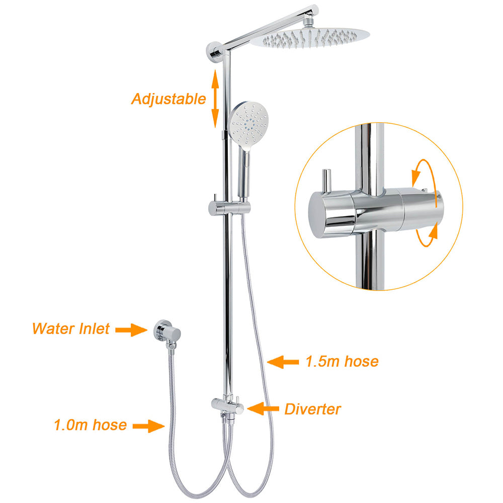 WELS Chrome 10" Round Rain Handheld Twin Shower Head Arm Sliding Rail Arm Diverter Set