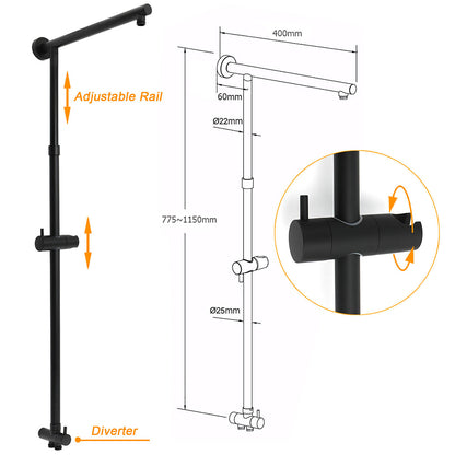 WELS Matt Black Twin Shower 8" Round Head Set Sliding Rail 3 Mode Handheld Rose