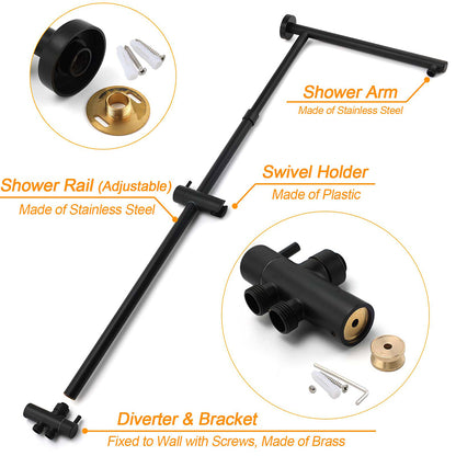 WELS Matt Black Twin Shower 8" Round Head Set Sliding Rail 3 Mode Handheld Rose
