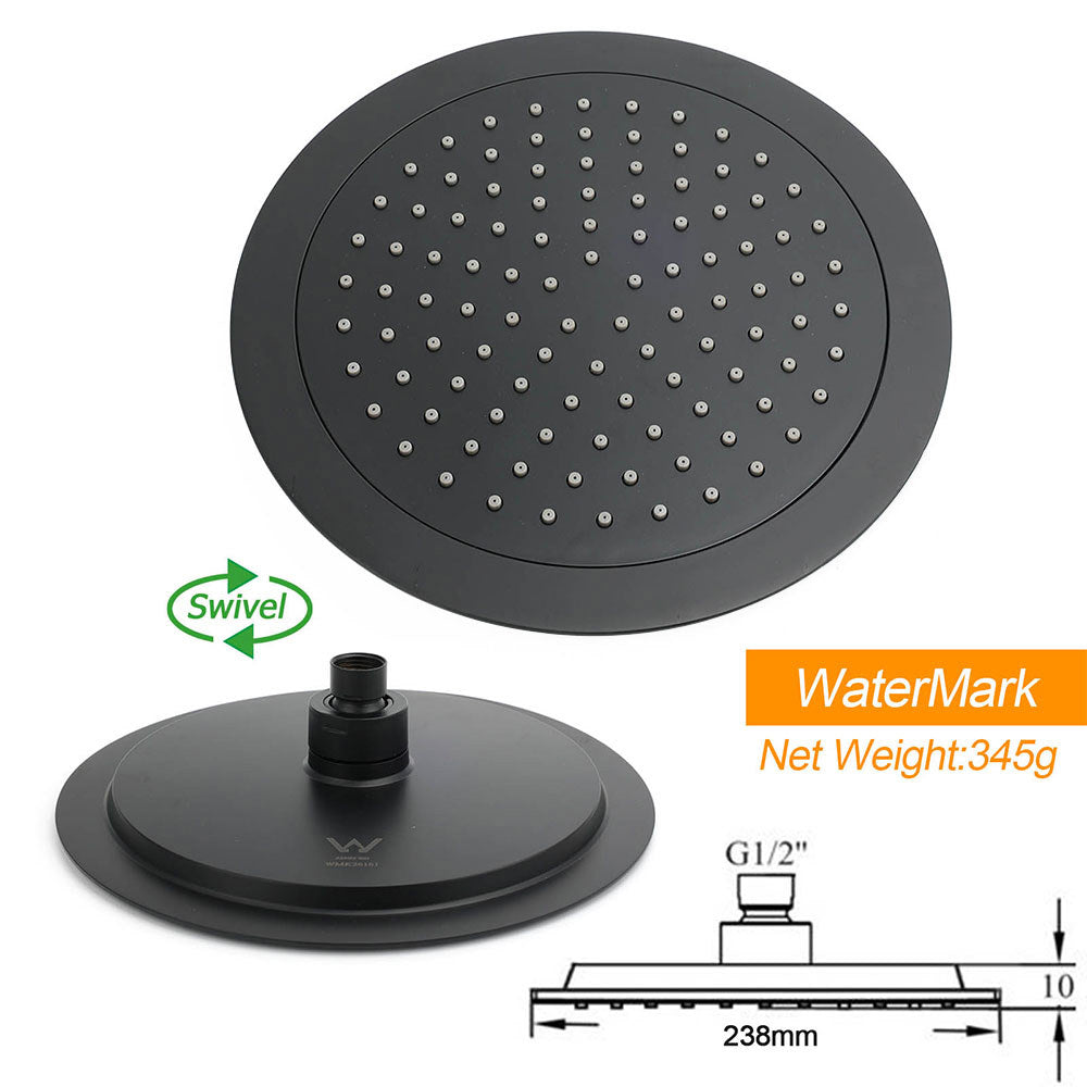 Matt Black 9" Round Rain Shower Head Handheld Adjustable Rail Arm Elbow Twin Set + Single Mixer