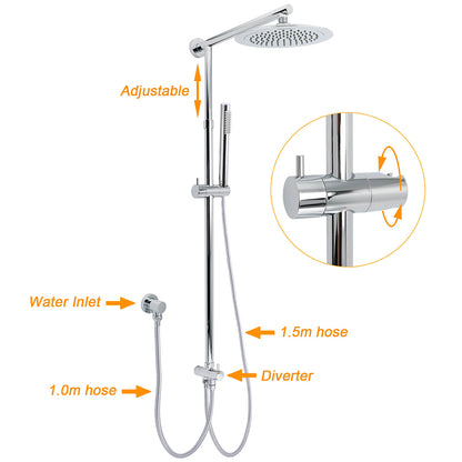 WELS Chrome Round 9" Rainfall Dual Shower Head & Handheld Sliding Rail Wall Arm Twin Taps