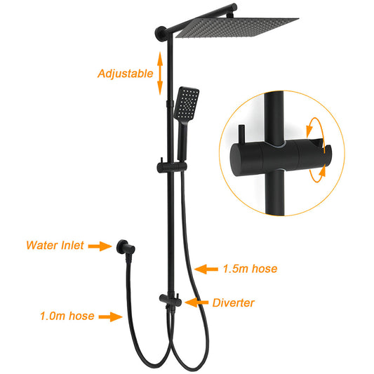 Matt Black Dual Shower Large 12" Square Head Handheld Adjustable Silde Rail Set Mixer