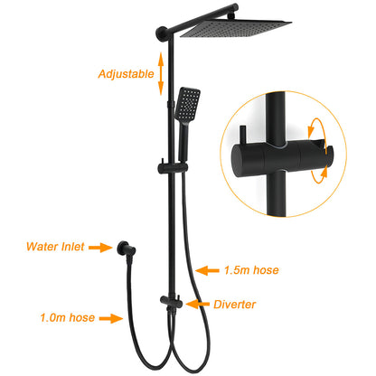 WELS Matt Black 2in1 Square 10" Rain Shower Head 3 Mode Handheld Adjustable Rail Twin Taps Set