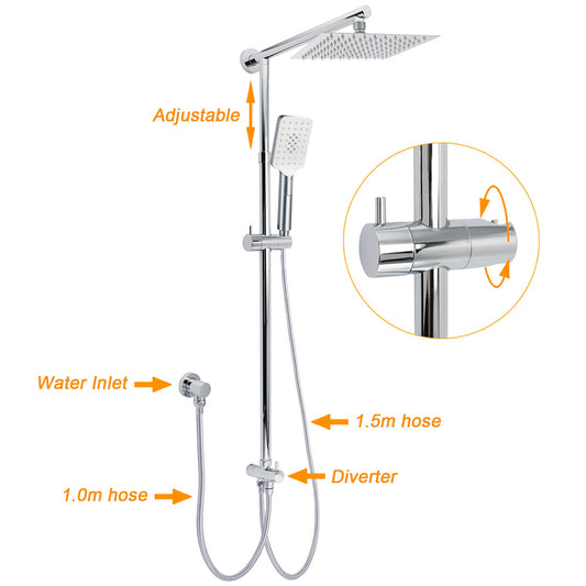 Square 8" Rain Shower Head 3 Mode Handheld Sliding Rail Arm 2 IN 1 Set Twin Taps