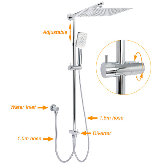 WELS Dual Square Shower Head 12" Rain Rose + 3 Modes Handheld Diverter Rail Arm Set