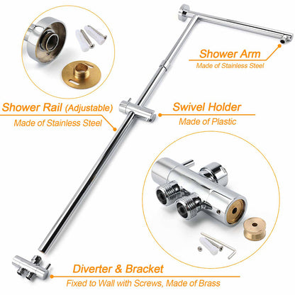 WELS Square Chrome Shower 8" Rainfall Head 3 Mode Handheld Sliding Rail Wall Arm Set
